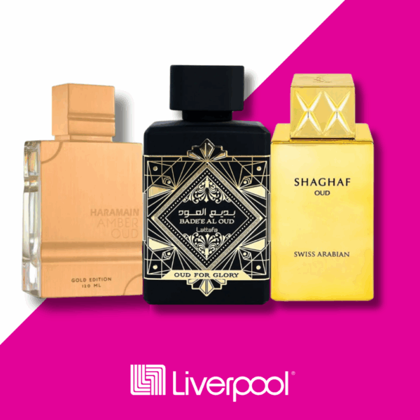 Set de 3 Perfumes Haramain Amber Oud Gold Edition + Lattafa Badee Al Oud (Oud for Glory) + Swiss Arabian Shaghaf Oud 100ml